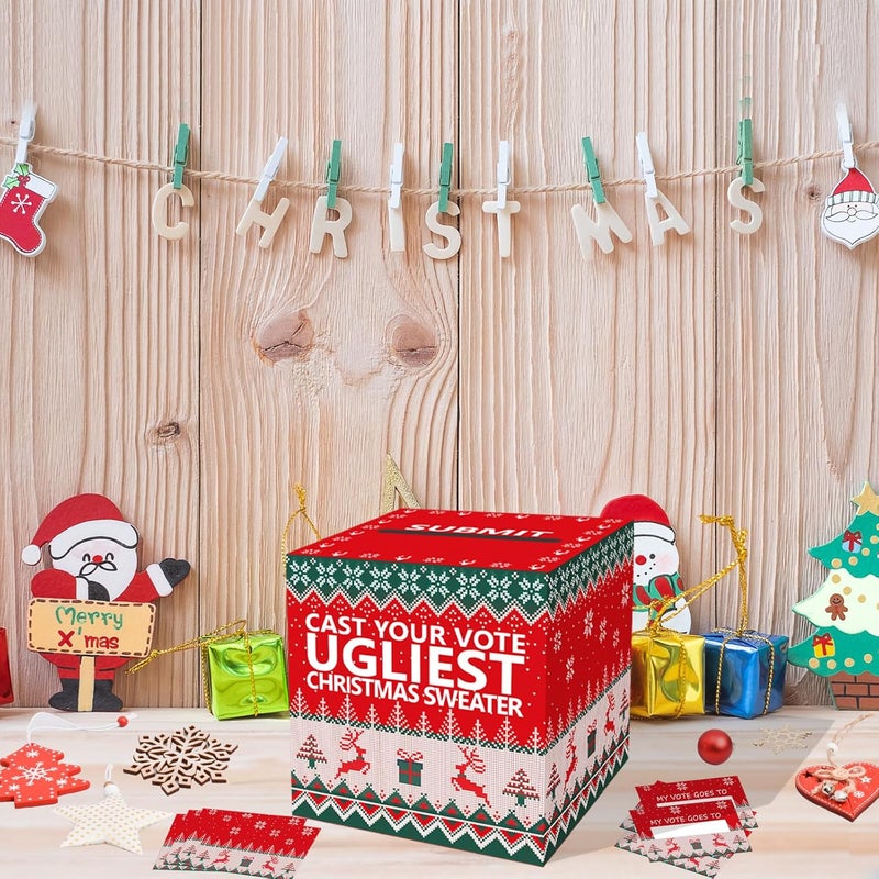 OLIVBIN Ugly Sweater Contest Ballot Box, Voting Card Box Set, Including 50 Voting Cards Sweater Competition Voting Box, Used for Festival Christmas Game Party Decoration, Ugly Sweater Party Supplies - Image 3